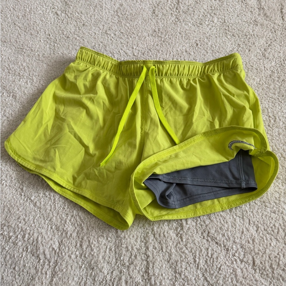 Nike Women's Neon Yellow Athletic Shorts with Gray Inner Liner
